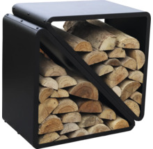 Brennholzregal aus Metall gefüllt mit Holzscheiten
