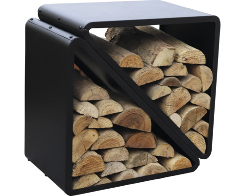 Brennholzregal aus Metall gefüllt mit Holzscheiten