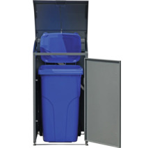 Poubelle avec deux poubelles bleues et une porte.