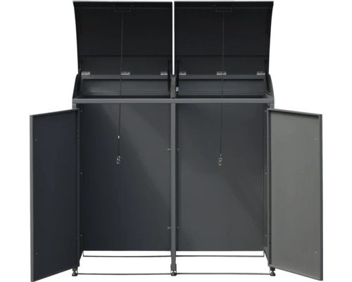 Mülltonnenbox für zwei Mülltonnen mit geöffneten Türen und Deckeln