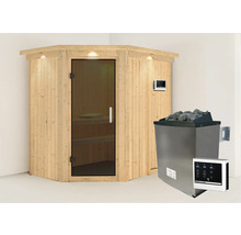 Ecksauna mit Glastür und Saunaofen mit Steinen