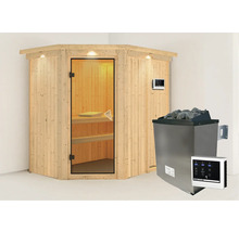Holzsauna mit Glastür, Saunaofen und Steuerungselement