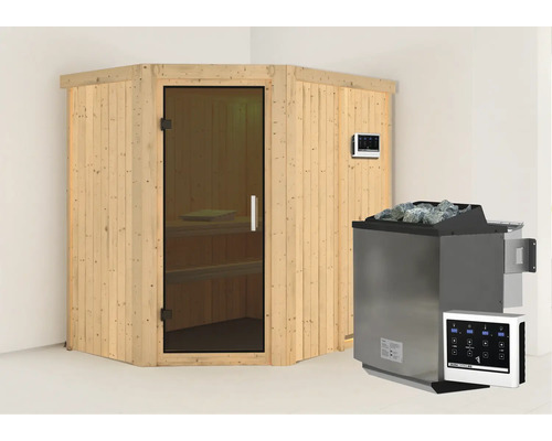 Elementsauna Karibu Carina inkl. 9 kW Bio Ofen u.ext.Steuerung ohne Dachkranz mit graphitfarbiger Ganzglastüre Elementsauna Karibu Carina inkl. 9 kW Bio Ofen u.ext.Steuerung ohne Dachkranz mit graphitfarbiger Ganzglastüre