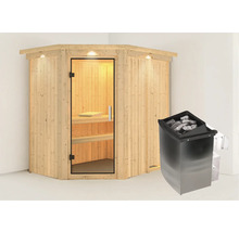 Ecksauna aus Holz mit Glastür und Saunaofen