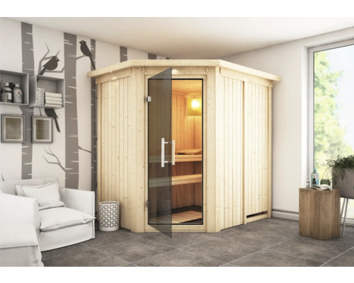 Elementsauna Karibu Carina ohne Ofen mit Dachkranz und graphitfarbiger Ganzglastüre Elementsauna Karibu Carina ohne Ofen mit Dachkranz und graphitfarbiger Ganzglastüre