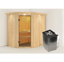 Sauna avec poêle de sauna et porte en verre.
