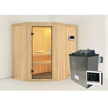 Sauna mit Holzverkleidung, Glastür, Saunaofen und Steuerung