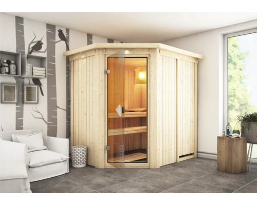 Sauna d''angle avec porte en verre et bancs en bois à l''intérieur