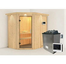 Ecksauna aus Holz mit Glastür und Saunaofen mit Steinen