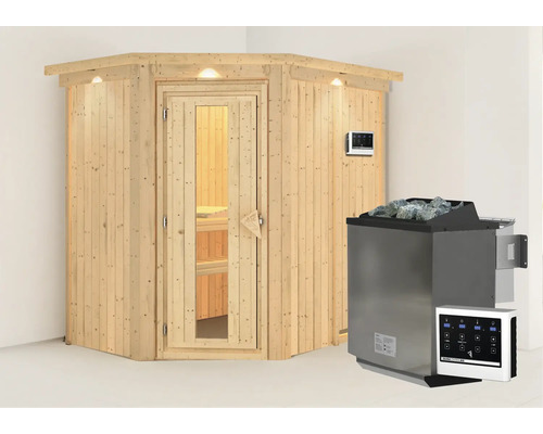 Sauna modulaire Karibu Carina avec poêle bio 9 kW et commande ext. avec couronne et portes en bois avec verre isolé thermiquement