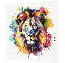 Dekorative Leinwand mit einem bunten Löwenkopf im Aquarellstil