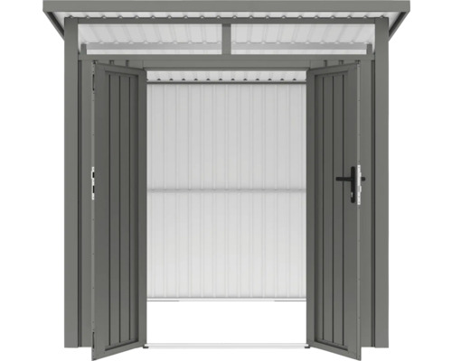 Metall Gerätehaus mit Doppeltür geöffnet