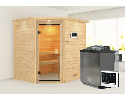 Sauna en madriers Karibu Elea avec poêle bio 9 kW et commande ext. avec couronne et porte entièrement vitrée couleur bronze