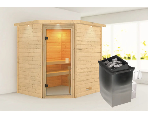 Sauna en bois massif Karibu Elea avec poêle 9 kW et commande intégrée avec couronne et porte entièrement vitrée couleur bronze