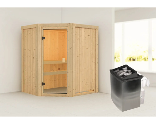 Sauna modulaire Karibu Faurin avec poêle 9 kW avec commande intégrée sans couronne avec porte entièrement vitrée couleur bronze