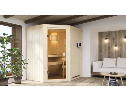 Sauna modulaire Karibu Faurin avec poêle 9 kW avec commande ext. sans couronne avec porte entièrement vitrée couleur bronze