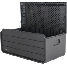 Geöffnete, schwarze Gartenbox aus Kunststoff zur Aufbewahrung im Aussenbereich.