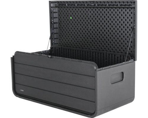 Geöffnete, schwarze Gartenbox aus Kunststoff zur Aufbewahrung im Aussenbereich.