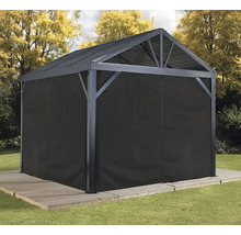 Pavillon de jardin avec parois latérales opaques sur une terrasse en bois