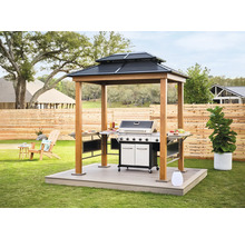 Scène de barbecue dans le jardin avec pavillon de grill et barbecue à gaz sur la terrasse