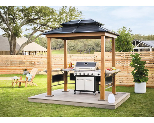 Scène de barbecue dans le jardin avec pavillon de grill et barbecue à gaz sur la terrasse