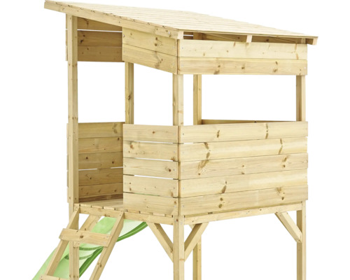 Spielhaus aus Holz mit Rutsche und Leiter