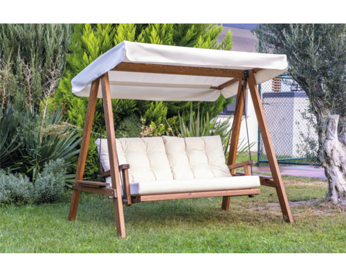 Balancelle de jardin avec cadre en bois et toit en tissu dans le jardin