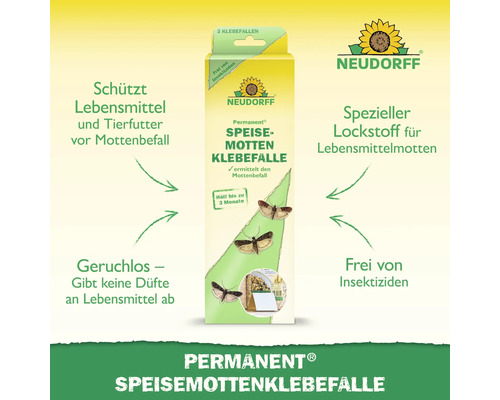 Piège à colle antimites alimentaires Permanent Neudorff pour protéger les aliments et la nourriture pour animaux contre les infestations de mites.