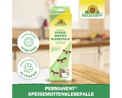 Piège à mites alimentaires permanent Neudorff pour la détection des mites. Emballage en papier recyclé. Efficacité fiable garantie.