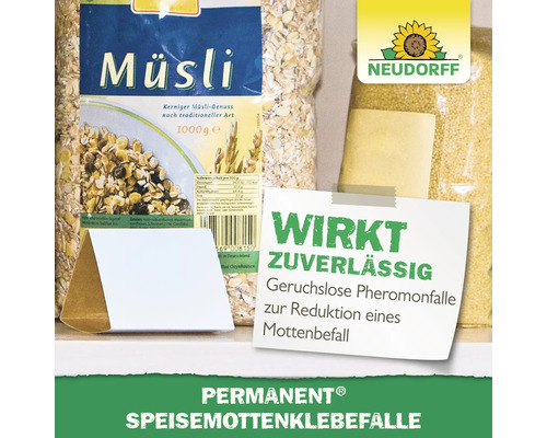 Müesli et piège à mites alimentaires Permanent pour réduire une infestation de mites, logo Neudorff
