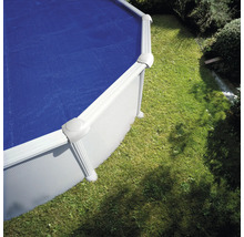 Aufstellpool im Garten mit blauer Poolabdeckung