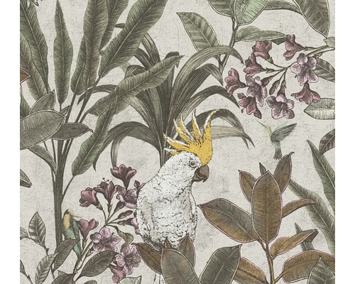 Papier peint intissé 39748-4 cacatoès jungle crème Papier peint avec motif de plantes, d''oiseaux et de fleurs