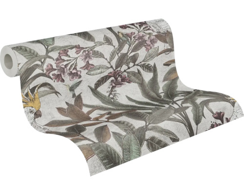 Tapetenrolle mit Blätter-, Blumen- und Vogelmuster
