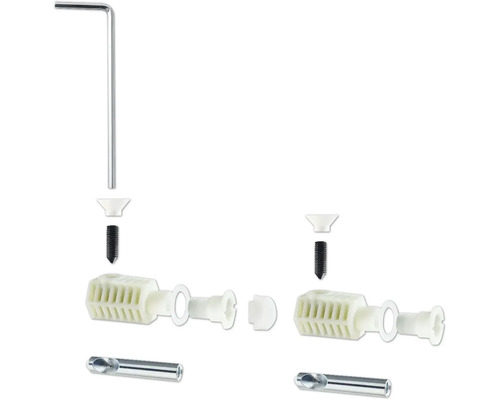 Explosionsdarstellung eines Befestigungssets mit Dübel, Schraube, Dichtungsring, Bohrer und Inbusschlüssel