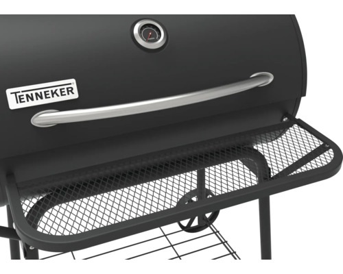 Vue détaillée du barbecue à charbon de bois Tenneker avec espace de rangement et affichage de la température