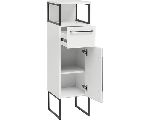 Meuble de salle de bain blanc avec tiroir et porte ouverts