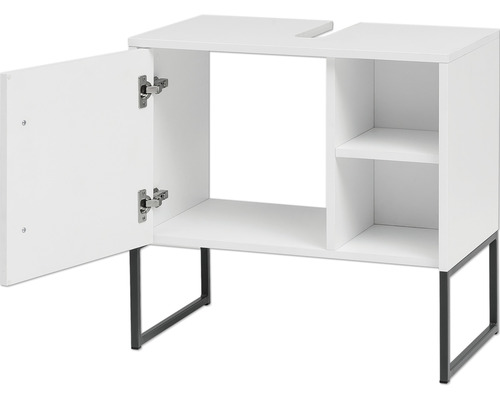 Meuble sous-lavabo avec une porte ouverte et des compartiments de rangement