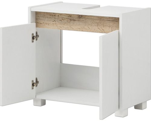 Waschbeckenunterschrank in Weiß mit zwei offenen Türen