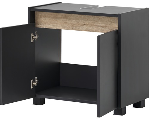 Meuble sous-lavabo avec deux portes ouvertes et étagère