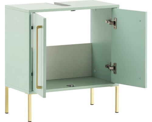 Meuble sous-lavabo avec deux portes ouvertes et pieds dorés