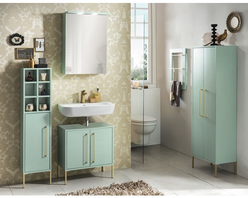 Salle de bain lumineuse avec lavabo, armoire de toilette, armoire haute et étagère
