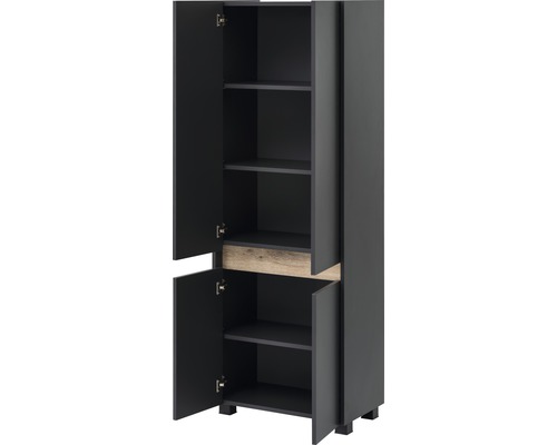 Armoire de salle de bains haute avec portes ouvertes et étagères