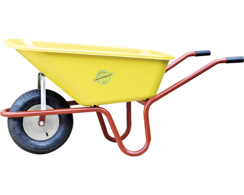 Brouette jaune avec cadre en acier et label de qualité alimentaire