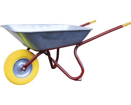 Schubkarre mit Stahlwanne und gelbem Rad