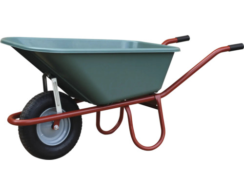 Schubkarre mit einer Mulde und einem Rad für den Transport von Materialien im Garten oder auf der Baustelle.