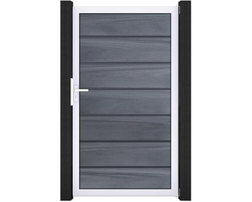 Portillon simple GroJa Flex Grande Premium tirant universel prémonté sans poteaux cadre argent 150 x 180 cm gris pierre Portillon de jardin avec panneaux horizontaux et poignée de porte