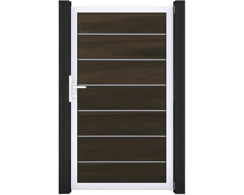 Portillon simple GroJa Flex Grande Premium tirant universel prémonté sans poteaux cadre argent 150 x 180 cm noyer Portillon de jardin avec bandes transversales et poignée