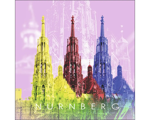 Tableau en verre Nuremberg Frauenkirche et fontaine violet jaune 30x30 cm Illustration de la ville de Nuremberg avec ses monuments