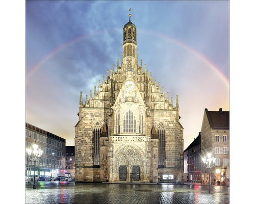 Tableau en verre Nuremberg Frauenkirche arc-en-ciel 20x20 cm Vue sur la Frauenkirche illuminée de Nuremberg avec arc-en-ciel