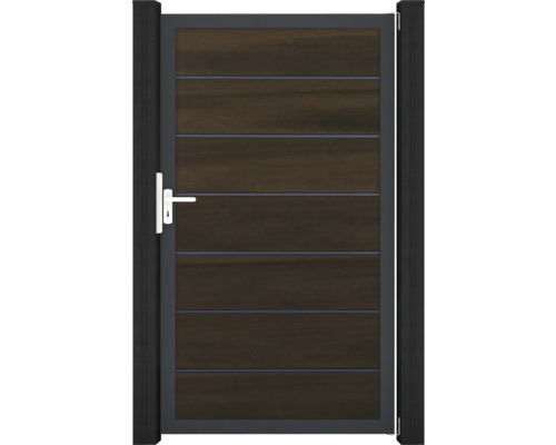 Portillon simple GroJa Flex Grande Premium tirant universel prémonté sans poteaux cadre anthracite 150 x 180 cm noyer Portail de jardin avec panneaux de bois horizontaux et cadre en métal